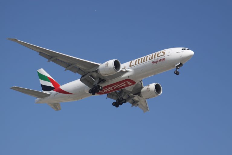 Emirates SkyCargo Boeing 777F cargo aircraft on approach - Dubai air cargo and logistics