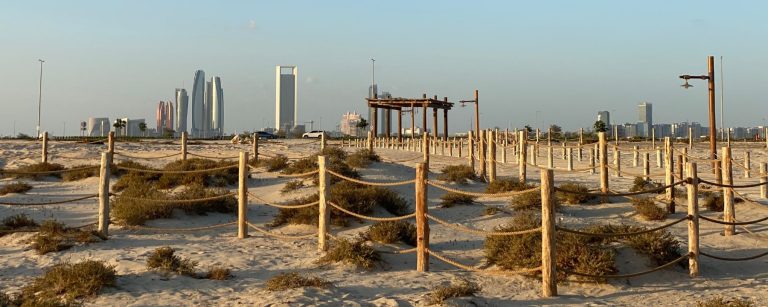 Sandy plots marked out with wooden posts and ropes in front of the Abu Dhabi skyline
