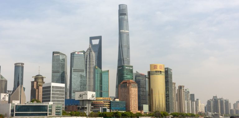 Skyline of the Lujiazui financial district in Shanghai with the Shanghai Tower across the Huangpu River