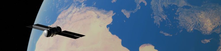 Satellite with solar panels in orbit above the Mediterranean and North Africa, an illustration for the acquisition of 80% of Marlan Space and the Orbitworks satellite factory in Abu Dhabi by IHC