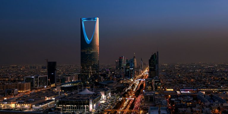 Riyadh skyline at night with the illuminated Kingdom Centre tower, one of the two Gulf capitals where Temasek plans to open its first Middle East offices