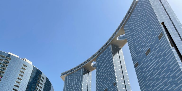 The Gate Towers and their sky bridge on Al Reem Island in Abu Dhabi, the island where TARAF and Mubadala plan a 10-plot waterfront development