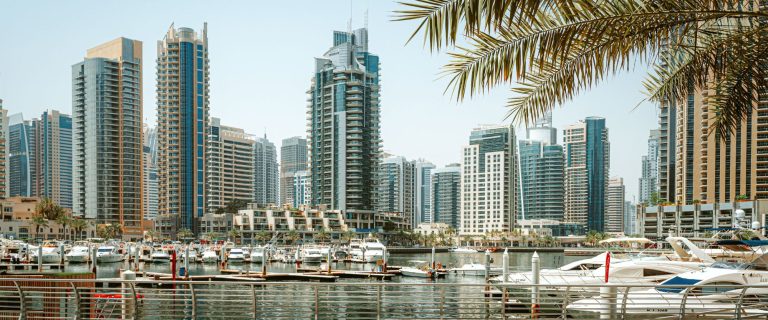 Dubai Marina residential towers and yachts seen from the waterfront promenade under palm leaves